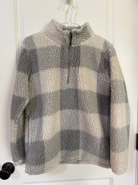 Sherpa Plaid Half-Zip Pullover Jacket - Gray & White